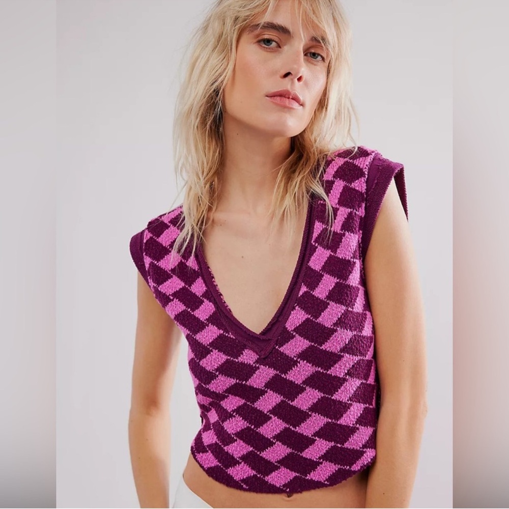NWT Free People Pink and Purple Checkered Crop Vest - V Neckline - size XL